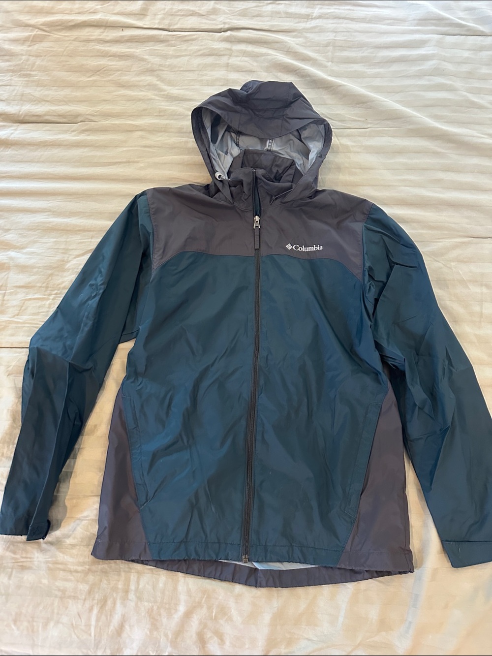 Columbia Men's Teal and Gray Hooded Rain Jacket